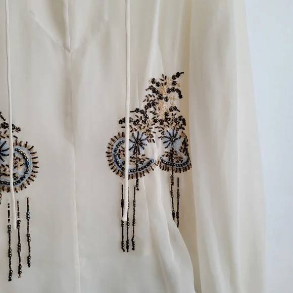 RANDOLPH DUKE Sheer Off White Beaded Boho Flounce Top - Picture 3 of 6